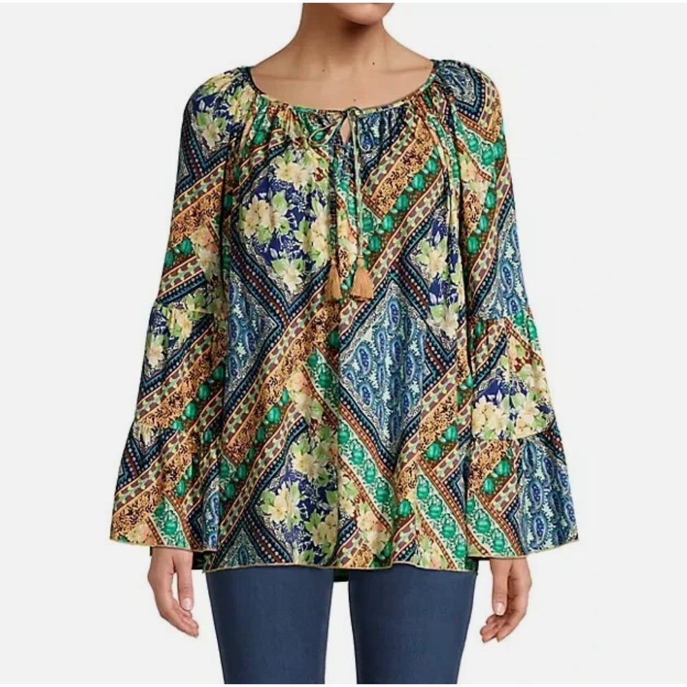 Johnny Was Miza Tiered Blouse Multi Paisley Floral Bell Sleeve Top M Boho NWT